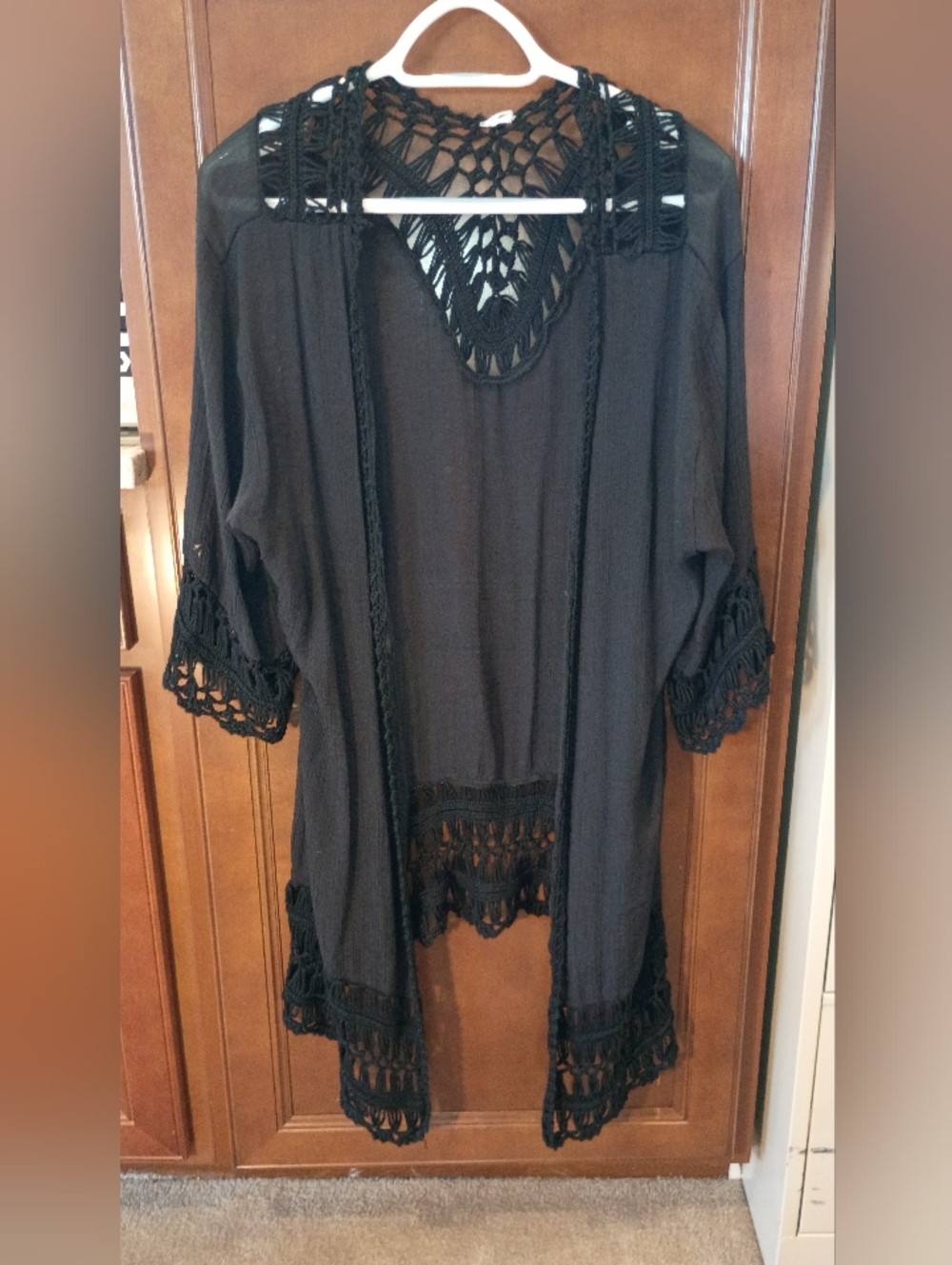 Black Crochet Trim Open Kimono